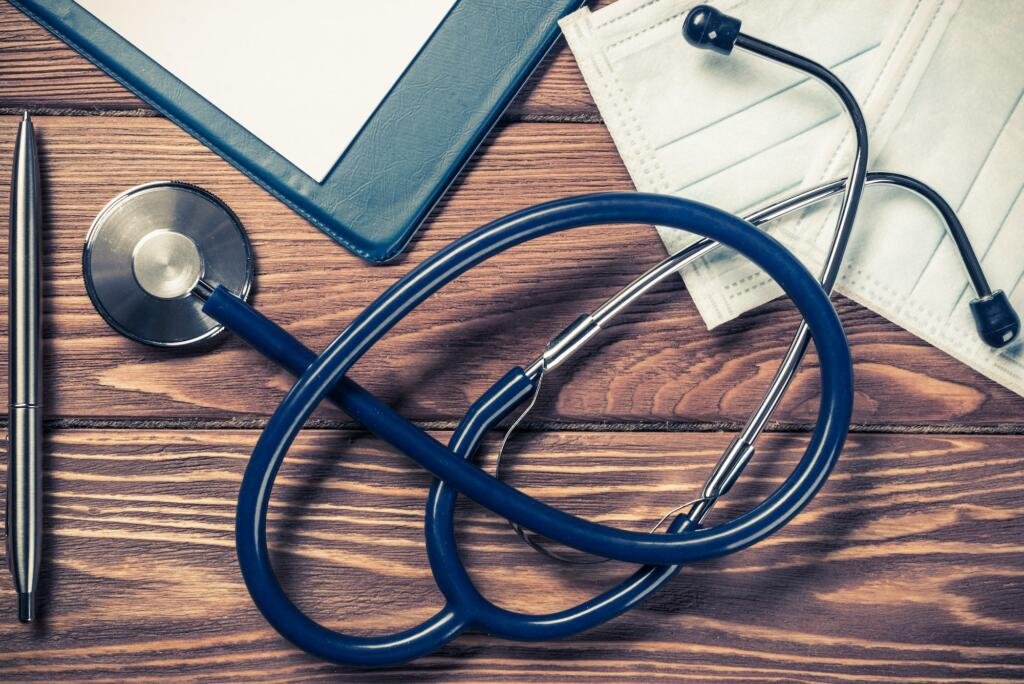 Desk of doctor with medicine things